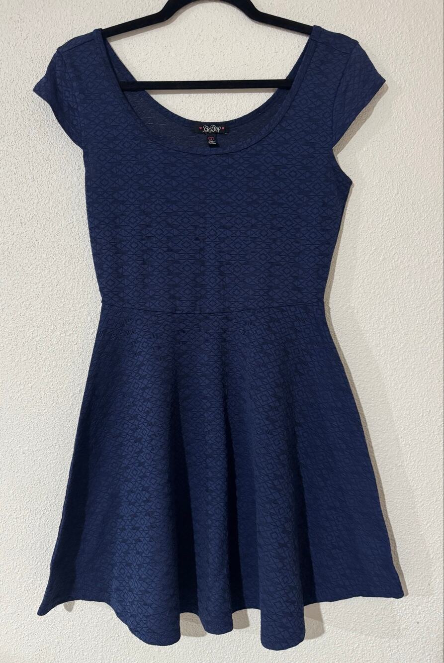 BeBop Royal Blue Textured Diamond Pattern Cap Sleeve Skater Dress Size S Preppy